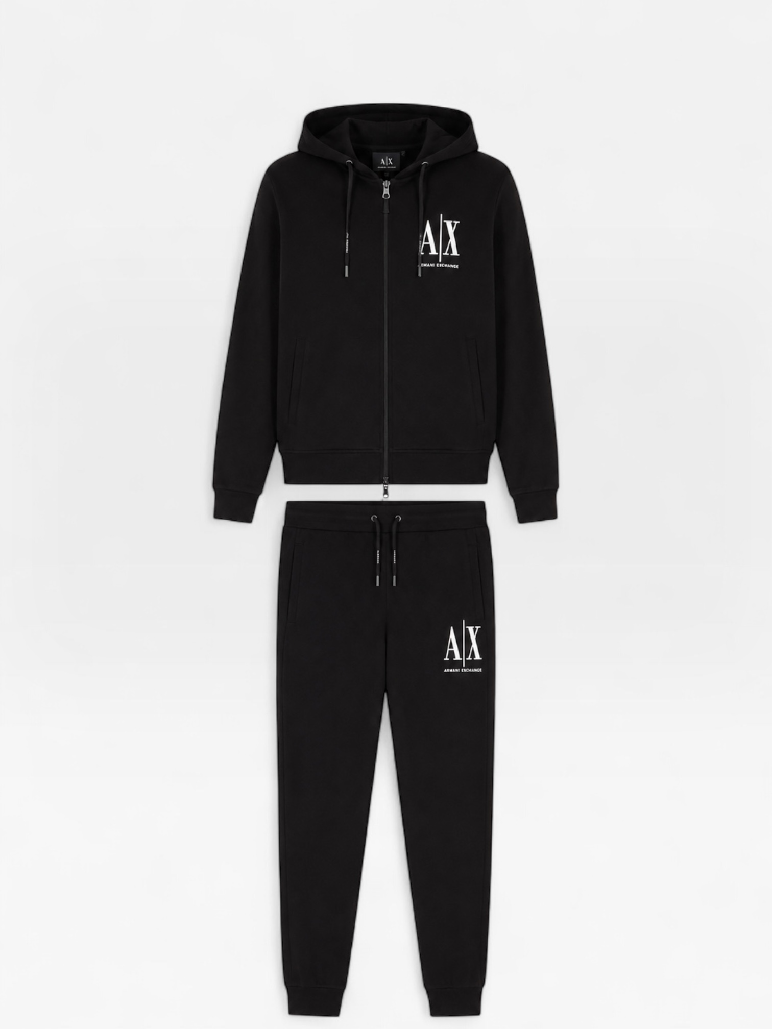 This black Armani Exchange men's tracksuit features a zippered hoodie and matching sweatpants, both detailed with a white A|X logo.