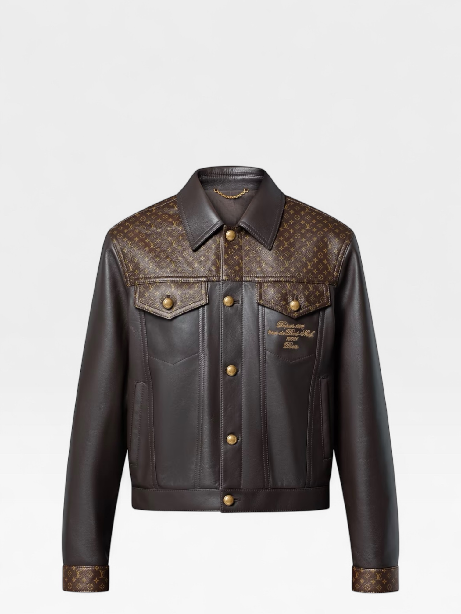 Louis Vuitton Embellished Leather Trucker Jacket in dark brown