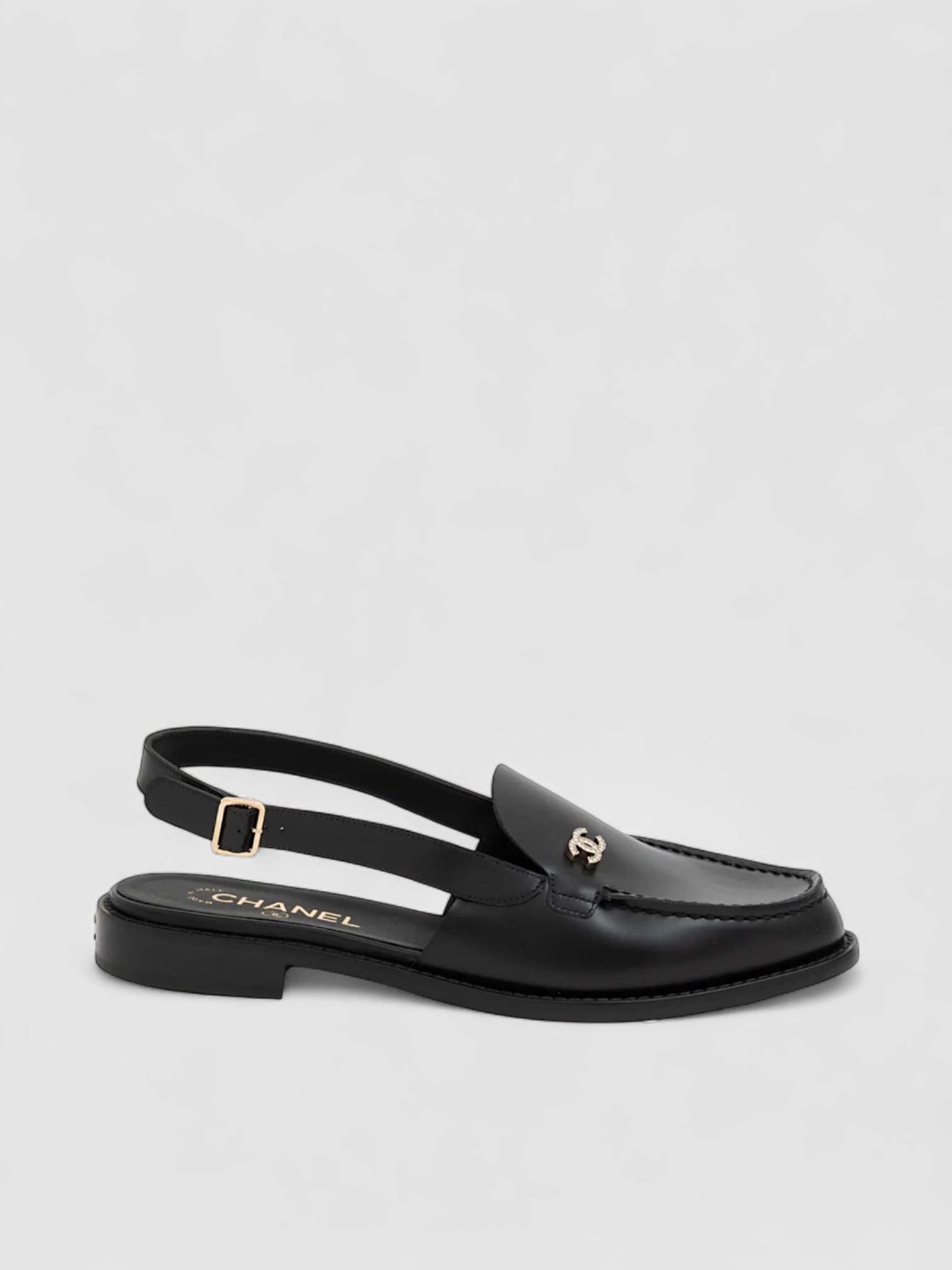 black Chanel Calfskin Crystal Slingback Loafers
