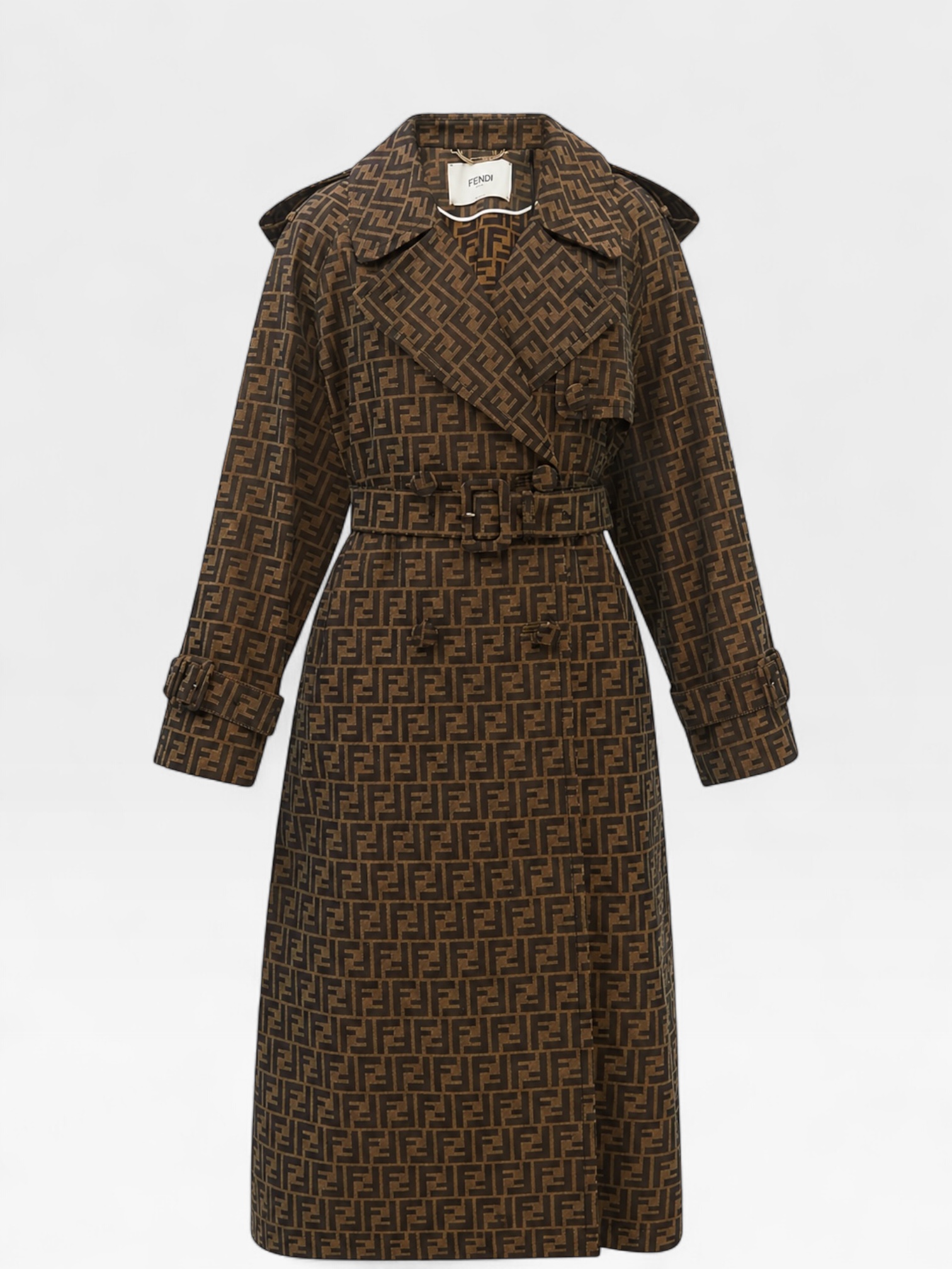 Fendi belted double-breasted canvas-jacquard trench coat